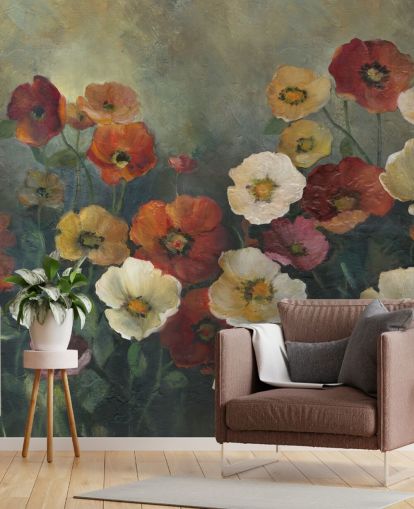 mural de papel de parede de papoula escura chamado Poppy Perfection de Carol Robinson para salas de estar e quartos