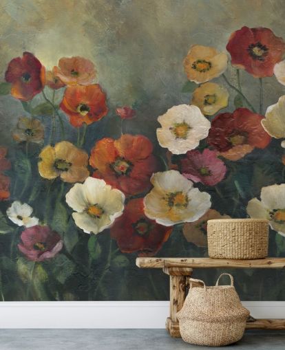 mörk vallmo tapetväggmålning kallad Poppy Perfection av Carol Robinson för vardagsrum och sovrum