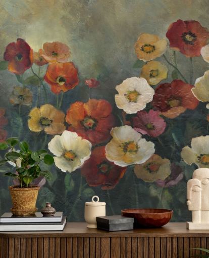 papier peint mural coquelicot foncé appelé Poppy Perfection par Carol Robinson pour les salons et les chambres