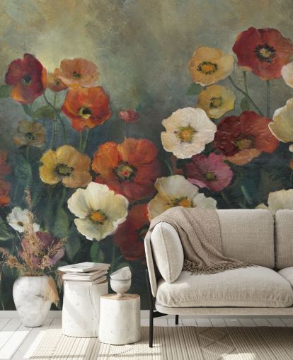 dark poppy wallpaper mural called Poppy Perfection by Carol Robinson for living rooms and bedrooms