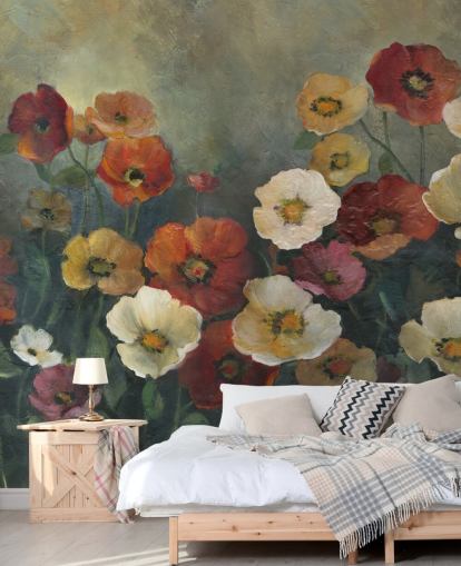 dark poppy wallpaper mural called Poppy Perfection by Carol Robinson for living rooms and bedrooms