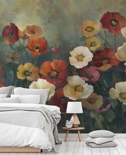 carta da parati murale con papaveri scuri chiamata Poppy Perfection di Carol Robinson per salotti e camere da letto