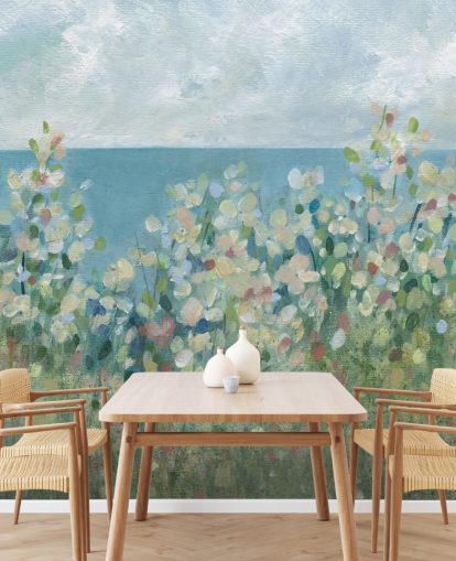 papier peint mural de jardin bleu, vert et blanc appelé Seaside Garden par Carol Robinson pour les chambres et les salons papier peint mural de jardin bleu, vert et blanc appelé Seaside Garden par Carol Robinson pour les chambres et les salons