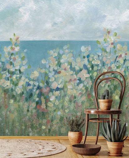 blått, grønt og hvitt hagetapetveggmaleri kalt Seaside Garden av Carol Robinson for soverom og stuer blått, grønt og hvitt hagetapetveggmaleri kalt Seaside Garden av Carol Robinson for soverom og stuer