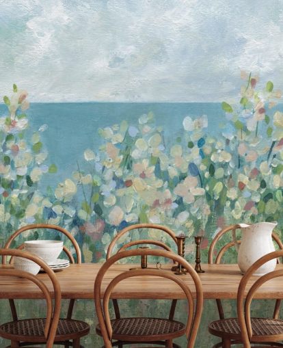 blue, green and white garden wallpaper mural called Seaside Garden by Carol Robinson for bedrooms and living rooms