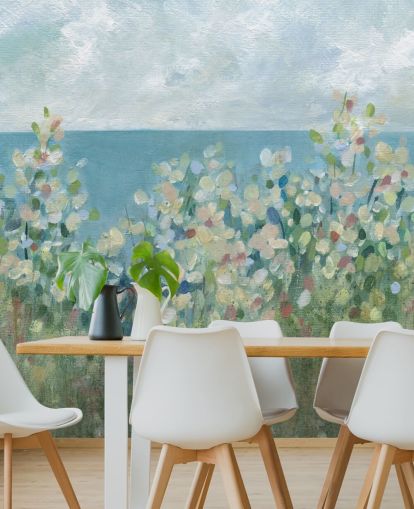 mural de papel pintado de jardín azul, verde y blanco llamado Seaside Garden de Carol Robinson para dormitorios y salas de estar mural de papel pintado de jardín azul, verde y blanco llamado Seaside Garden de Carol Robinson para dormitorios y salas de estar