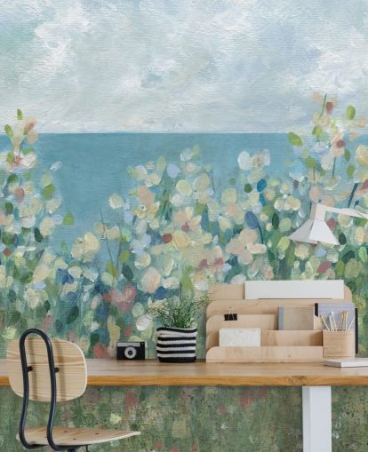 blue, green and white garden wallpaper mural called Seaside Garden by Carol Robinson for bedrooms and living rooms