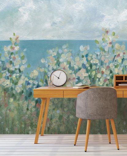 blue, green and white garden wallpaper mural called Seaside Garden by Carol Robinson for bedrooms and living rooms