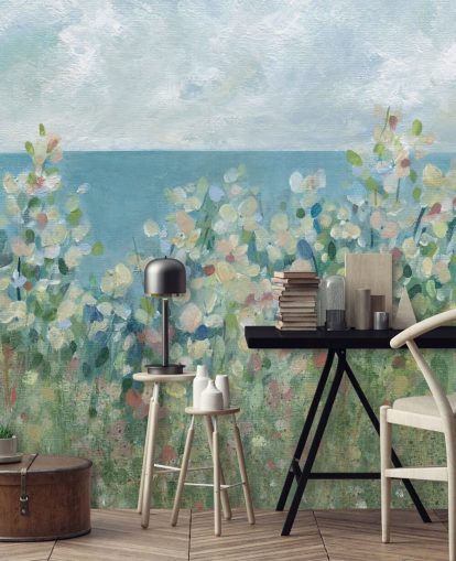 mural de papel pintado de jardín azul, verde y blanco llamado Seaside Garden de Carol Robinson para dormitorios y salas de estar