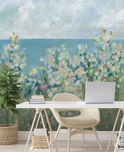 blue, green and white garden wallpaper mural called Seaside Garden by Carol Robinson for bedrooms and living rooms
