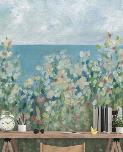 blue, green and white garden wallpaper mural called Seaside Garden by Carol Robinson for bedrooms and living rooms