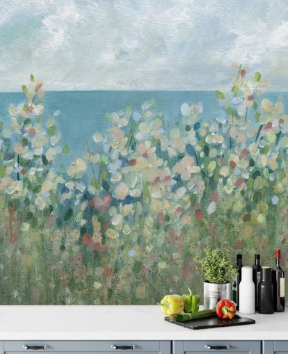 blaue, grüne und weiße Gartentapete namens Seaside Garden von Carol Robinson für Schlafzimmer und Wohnzimmer