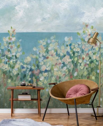 carta da parati murale da giardino blu, verde e bianca chiamata Seaside Garden di Carol Robinson per camere da letto e salotti carta da parati murale da giardino blu, verde e bianca chiamata Seaside Garden di Carol Robinson per camere da letto e salotti