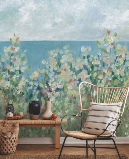 blått, grønt og hvitt hagetapetveggmaleri kalt Seaside Garden av Carol Robinson for soverom og stuer