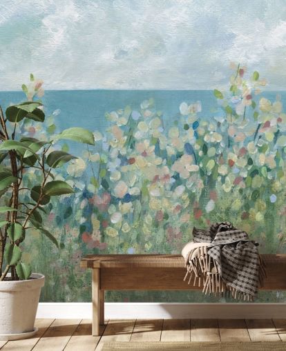 blauwe, groene en witte tuinbehangmuurschildering genaamd Seaside Garden van Carol Robinson voor slaapkamers en woonkamers blauwe, groene en witte tuinbehangmuurschildering genaamd Seaside Garden van Carol Robinson voor slaapkamers en woonkamers