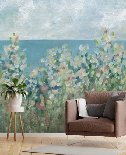 blaue, grüne und weiße Gartentapete namens Seaside Garden von Carol Robinson für Schlafzimmer und Wohnzimmer blaue, grüne und weiße Gartentapete namens Seaside Garden von Carol Robinson für Schlafzimmer und Wohnzimmer