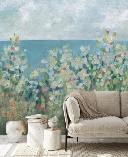 blå, grøn og hvid have tapet vægmaleri kaldet Seaside Garden af Carol Robinson til soveværelser og stuer blå, grøn og hvid have tapet vægmaleri kaldet Seaside Garden af Carol Robinson til soveværelser og stuer