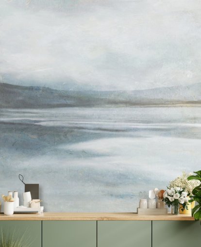 mural de papel pintado abstracto y tranquilo llamado Soothing Ocean Surf de Carol Robinson para oficinas en casa, baños y salas de estar