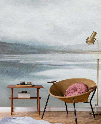 kalme abstracte oceaanbehangmuurschildering genaamd Soothing Ocean Surf van Carol Robinson voor thuiskantoren, badkamers en woonkamers