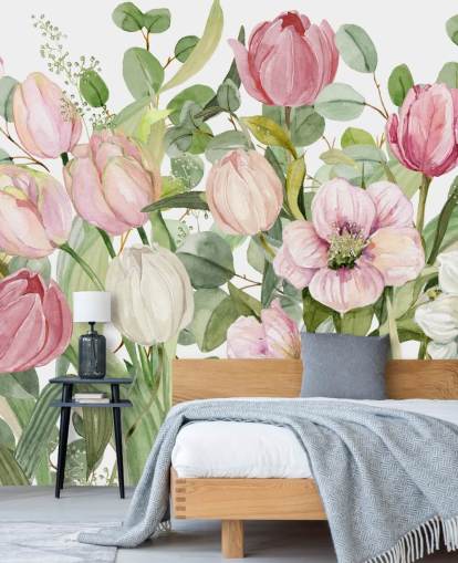lyserødt og grønt blomstertapet vægmaleri kaldet Spring Fling af Carol Robinson til soveværelser og lounger