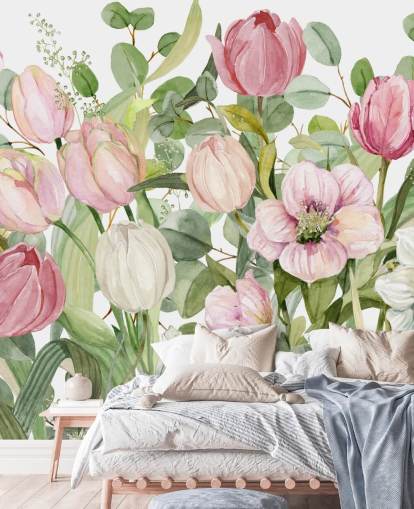 papier peint floral rose et vert appelé Spring Fling de Carol Robinson pour les chambres et les salons