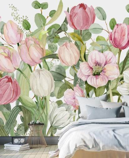 pink and green floral wallpaper mural called Spring Fling by Carol Robinson for bedrooms and lounges