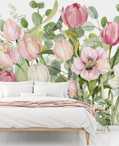 rosafarbenes und grünes Blumentapetenbild namens Spring Fling von Carol Robinson für Schlafzimmer und Lounges