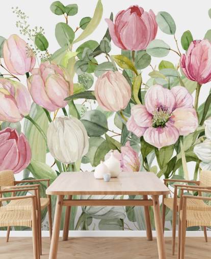 rosafarbenes und grünes Blumentapetenbild namens Spring Fling von Carol Robinson für Schlafzimmer und Lounges