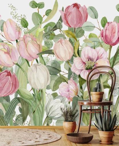 papier peint floral rose et vert appelé Spring Fling de Carol Robinson pour les chambres et les salons