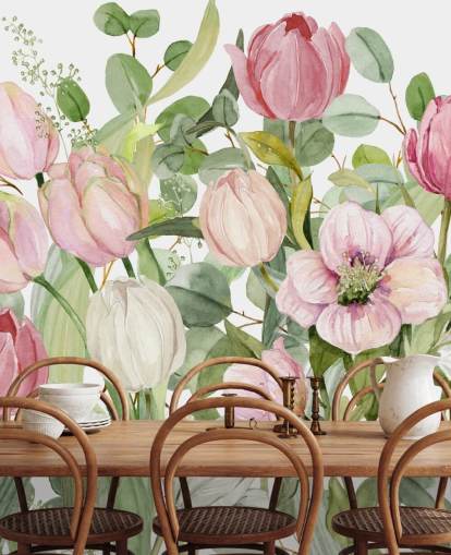 carta da parati murale floreale rosa e verde chiamata Spring Fling di Carol Robinson per camere da letto e salotti