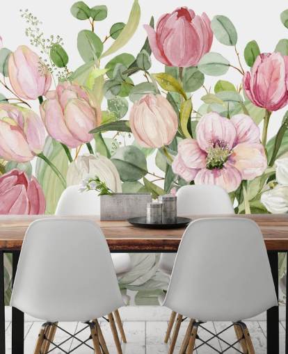 rosa og grønt blomstertapet veggmaleri kalt Spring Fling av Carol Robinson for soverom og salonger rosa og grønt blomstertapet veggmaleri kalt Spring Fling av Carol Robinson for soverom og salonger