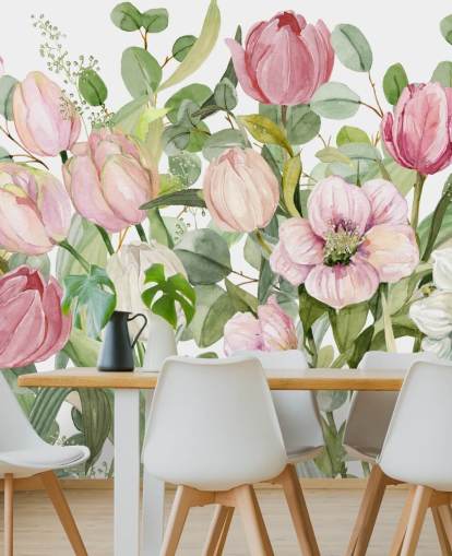 rosa og grønt blomstertapet veggmaleri kalt Spring Fling av Carol Robinson for soverom og salonger