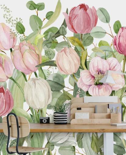 pink and green floral wallpaper mural called Spring Fling by Carol Robinson for bedrooms and lounges