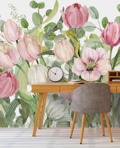 rosa och grön blommig tapetväggmålning kallad Spring Fling av Carol Robinson för sovrum och lounger