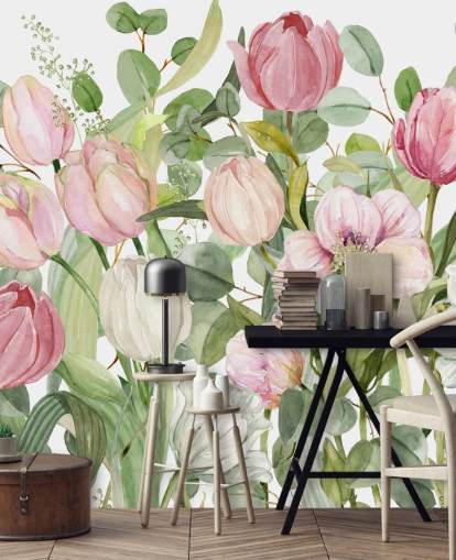rosa och grön blommig tapetväggmålning kallad Spring Fling av Carol Robinson för sovrum och lounger rosa och grön blommig tapetväggmålning kallad Spring Fling av Carol Robinson för sovrum och lounger