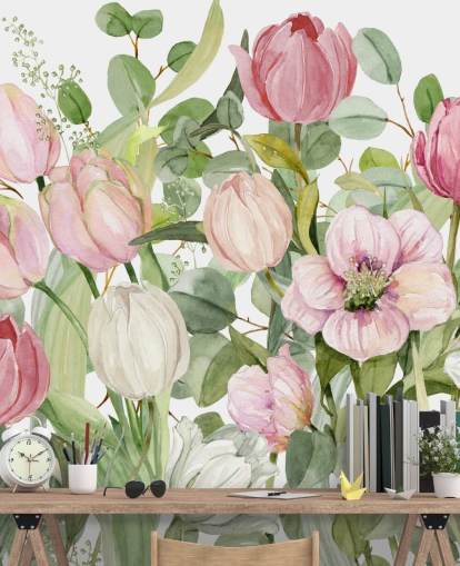 pink and green floral wallpaper mural called Spring Fling by Carol Robinson for bedrooms and lounges