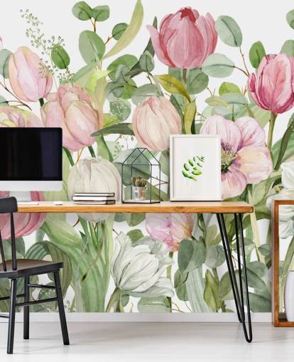 rosafarbenes und grünes Blumentapetenbild namens Spring Fling von Carol Robinson für Schlafzimmer und Lounges rosafarbenes und grünes Blumentapetenbild namens Spring Fling von Carol Robinson für Schlafzimmer und Lounges