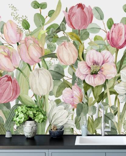 pink and green floral wallpaper mural called Spring Fling by Carol Robinson for bedrooms and lounges