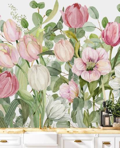 mural de papel pintado floral rosa y verde llamado Spring Fling de Carol Robinson para dormitorios y salones mural de papel pintado floral rosa y verde llamado Spring Fling de Carol Robinson para dormitorios y salones