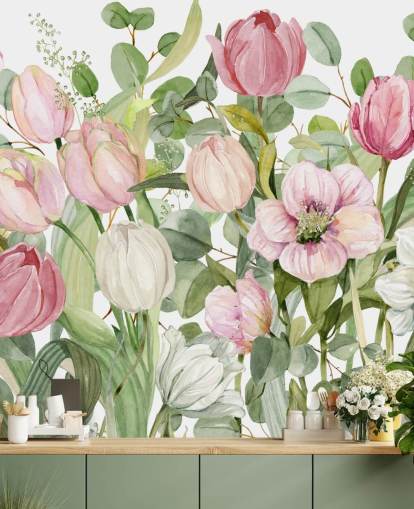 pink and green floral wallpaper mural called Spring Fling by Carol Robinson for bedrooms and lounges