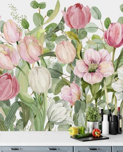 lyserødt og grønt blomstertapet vægmaleri kaldet Spring Fling af Carol Robinson til soveværelser og lounger lyserødt og grønt blomstertapet vægmaleri kaldet Spring Fling af Carol Robinson til soveværelser og lounger