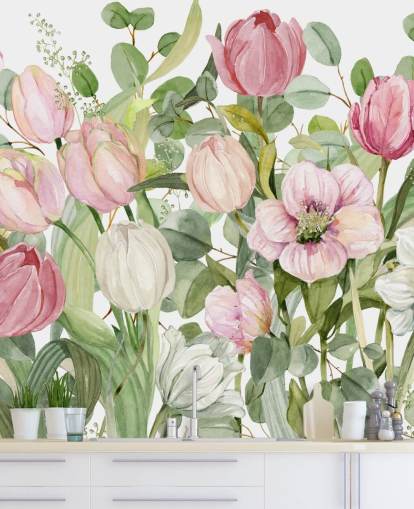 rosafarbenes und grünes Blumentapetenbild namens Spring Fling von Carol Robinson für Schlafzimmer und Lounges rosafarbenes und grünes Blumentapetenbild namens Spring Fling von Carol Robinson für Schlafzimmer und Lounges