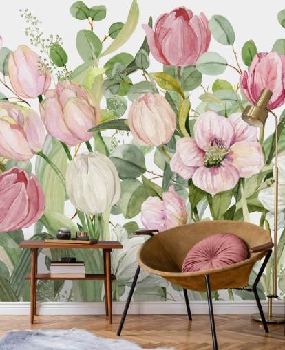 roze en groene bloemenbehangmuurschildering genaamd Spring Fling van Carol Robinson voor slaapkamers en lounges