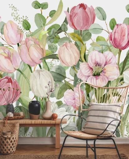 mural de papel pintado floral rosa y verde llamado Spring Fling de Carol Robinson para dormitorios y salones