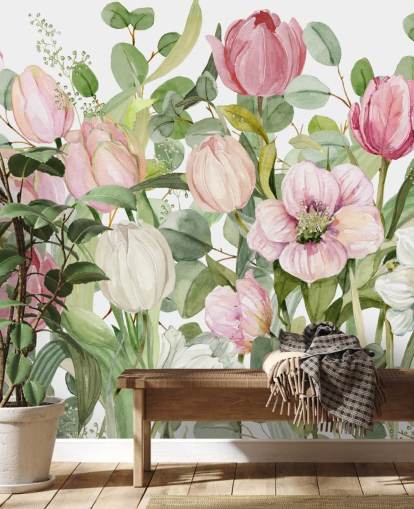 mural de papel pintado floral rosa y verde llamado Spring Fling de Carol Robinson para dormitorios y salones