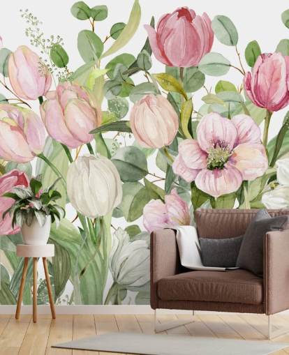 pink and green floral wallpaper mural called Spring Fling by Carol Robinson for bedrooms and lounges