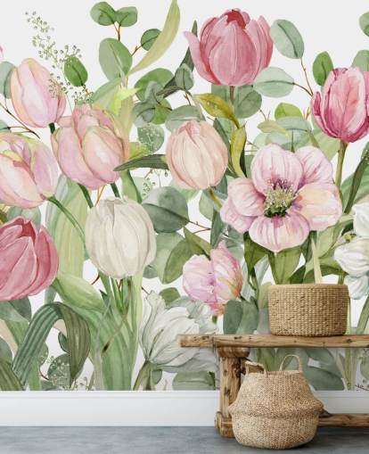 rosa og grønt blomstertapet veggmaleri kalt Spring Fling av Carol Robinson for soverom og salonger rosa og grønt blomstertapet veggmaleri kalt Spring Fling av Carol Robinson for soverom og salonger