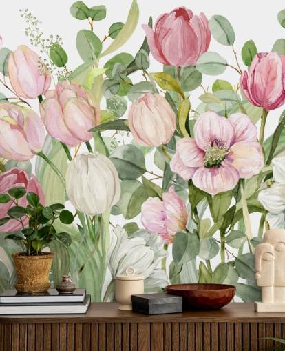 pink and green floral wallpaper mural called Spring Fling by Carol Robinson for bedrooms and lounges