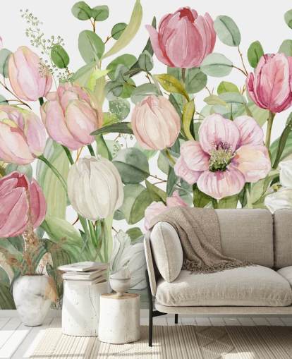 lyserødt og grønt blomstertapet vægmaleri kaldet Spring Fling af Carol Robinson til soveværelser og lounger