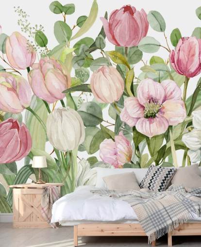 rosafarbenes und grünes Blumentapetenbild namens Spring Fling von Carol Robinson für Schlafzimmer und Lounges